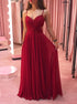 A Line Spaghetti Straps Pleats Chiffon Red Prom Dress LBQ2901